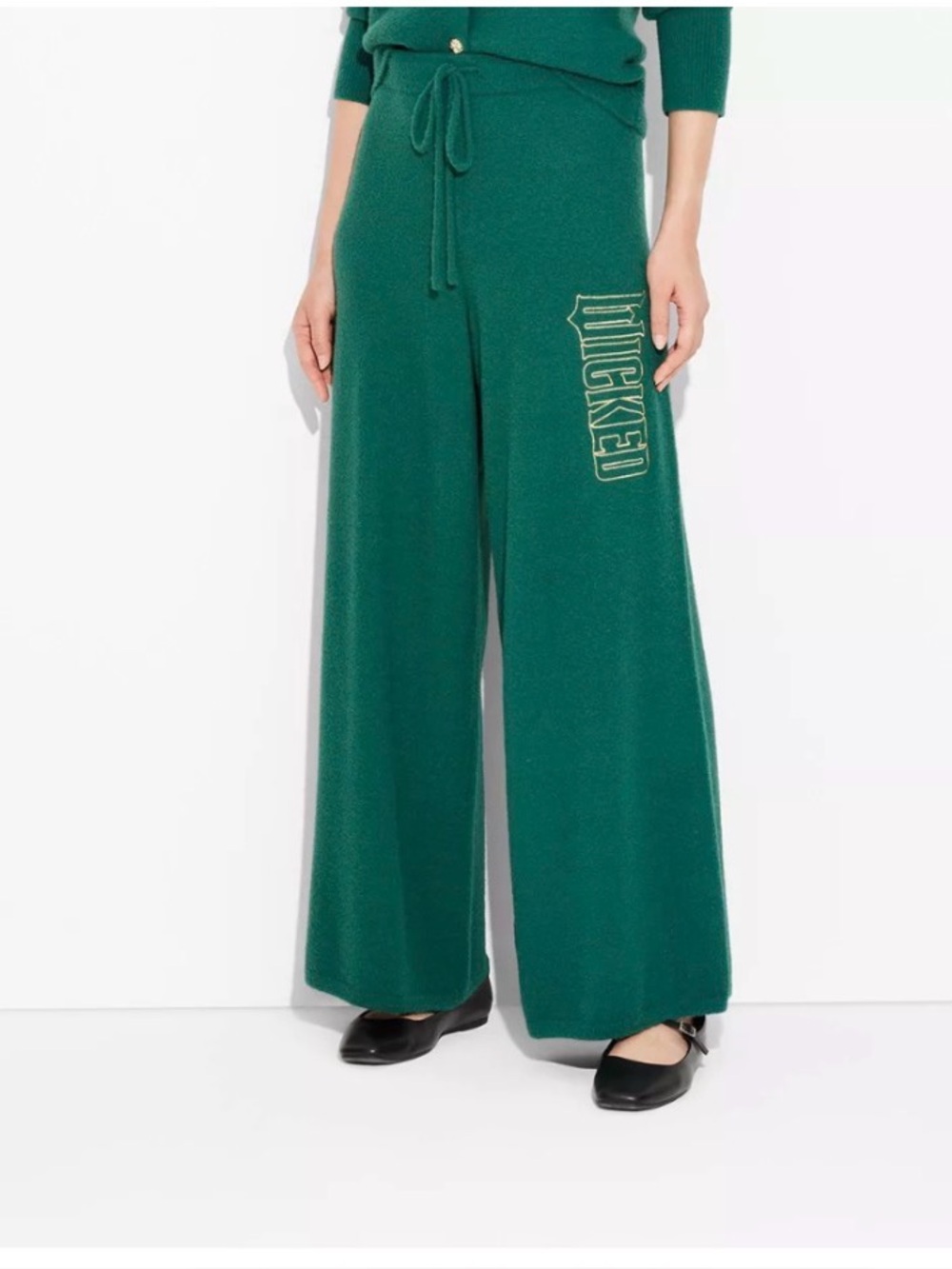 Dark Green Wide Leg Knit Sweatpants with 'WICKED' Graphic Size Medium